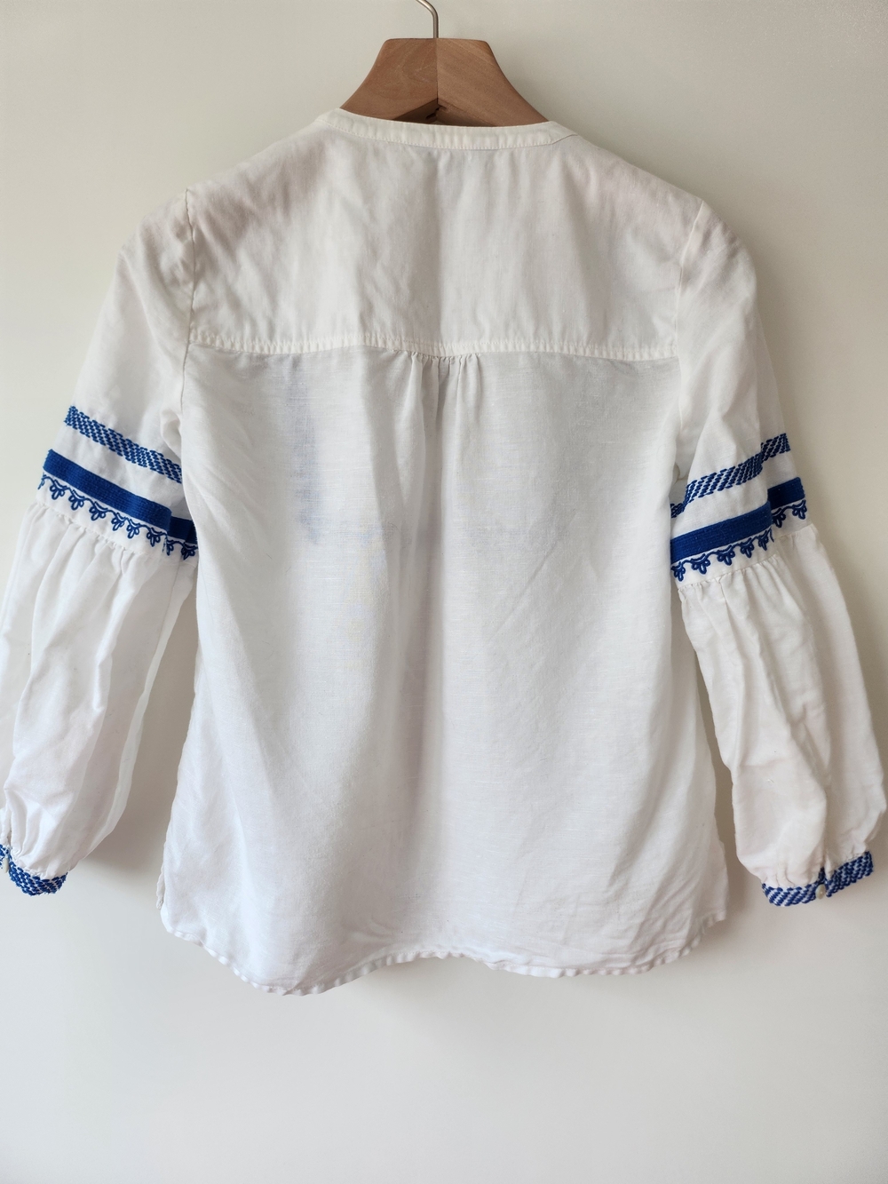 J. Crew White Linen Peasant Blouse with Blue Embroidery - Picture 6 of 7